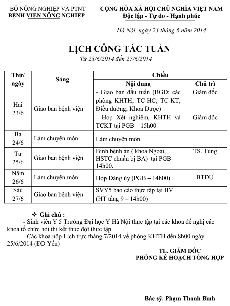 LỊCH CÔNG TÁC TUẦN (từ 23/6/2014 đến 27/6/2014)