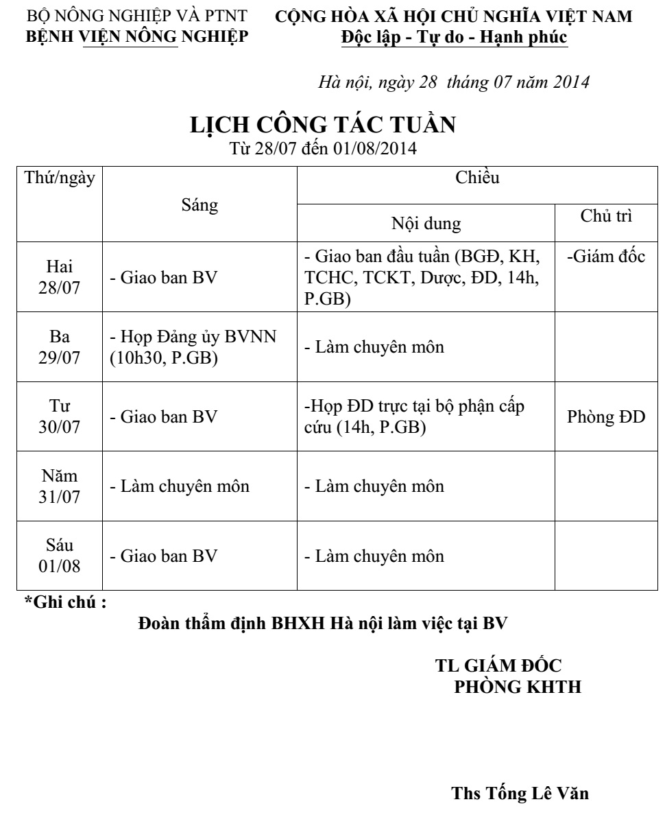 LỊCH CÔNG TÁC TUẦN (từ 28/7/2014 đến 1/8/2014)