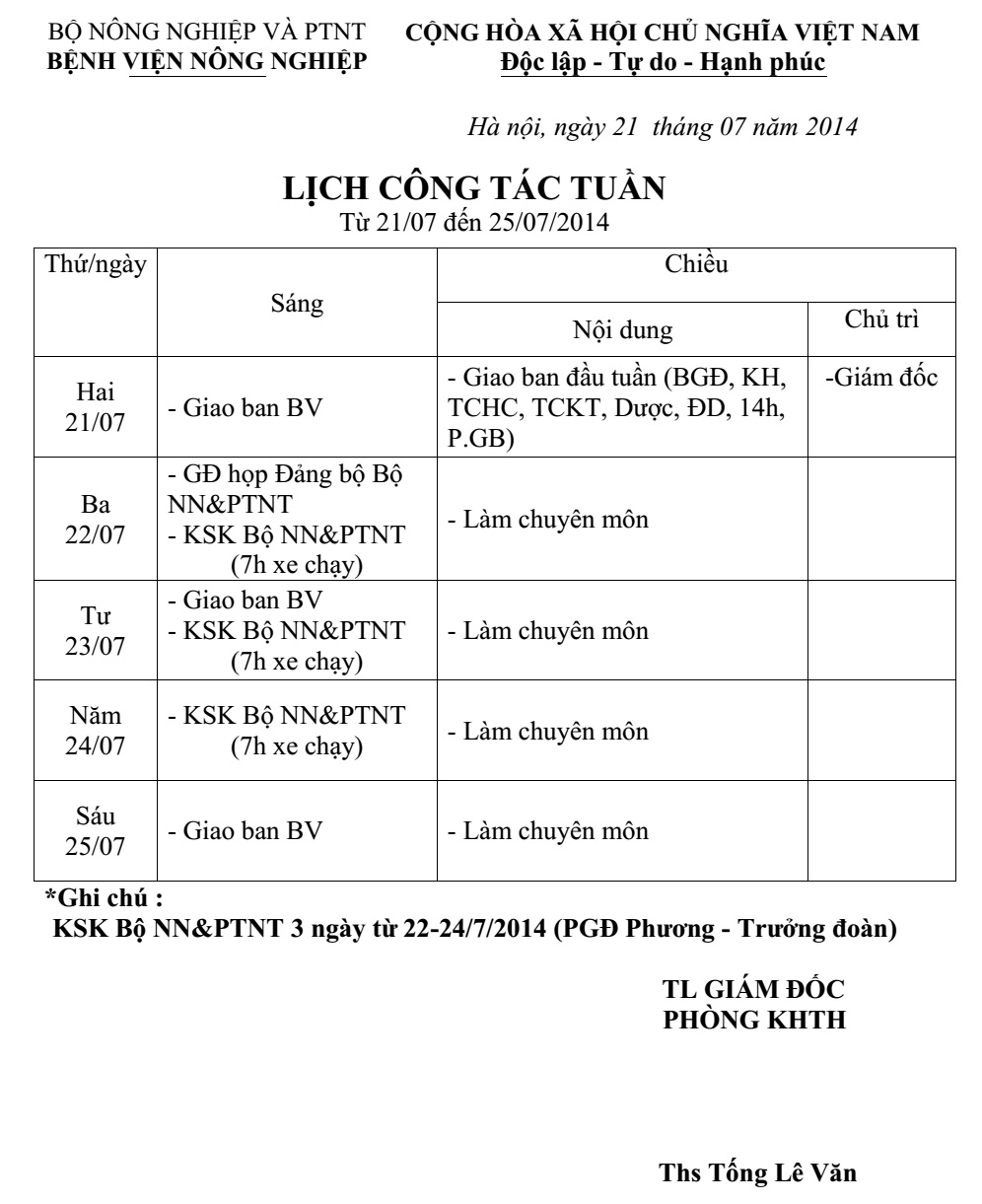 LỊCH CÔNG TÁC TUẦN (từ 21/7/2014 đến 25/7/2014)