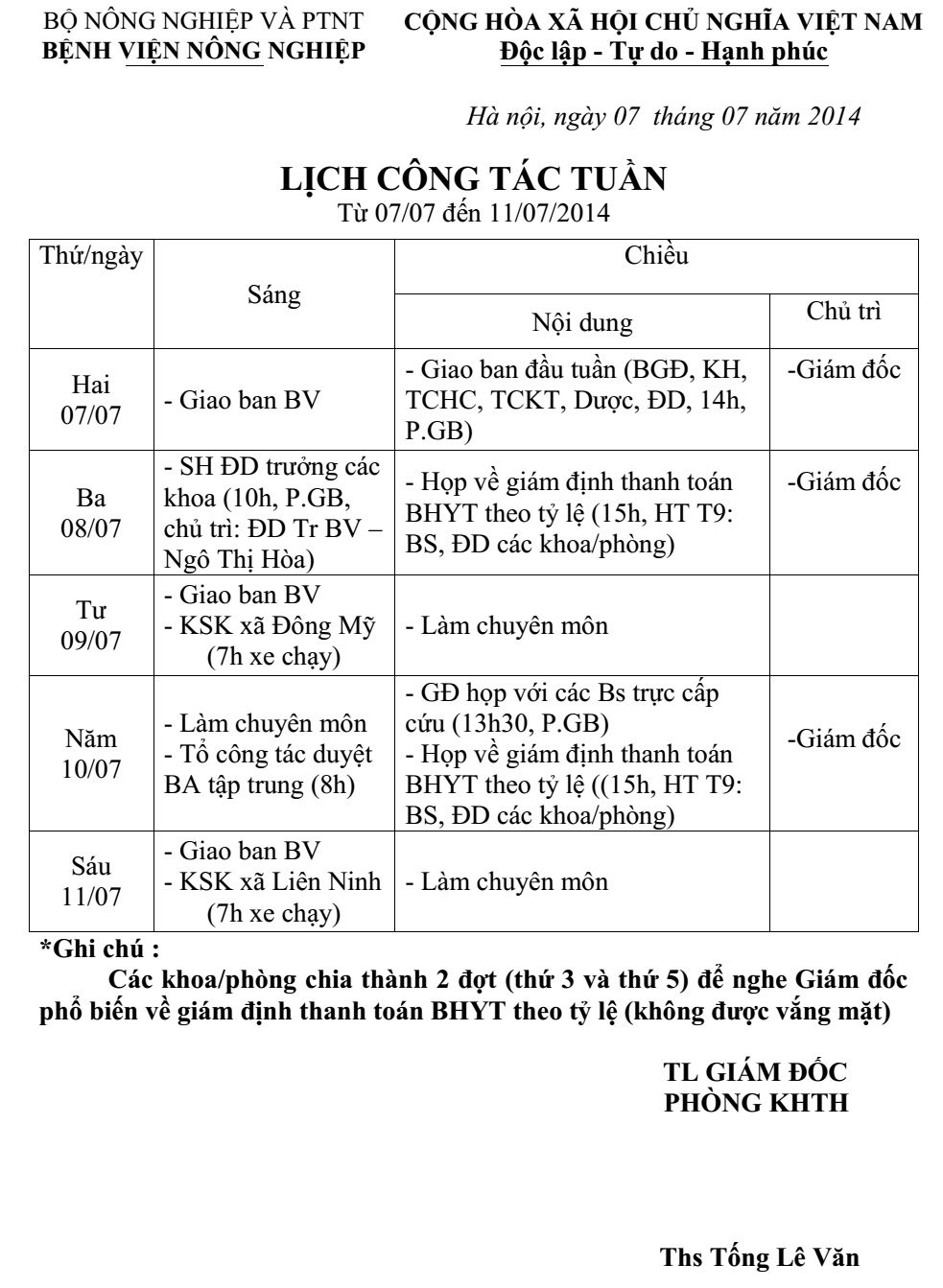 LỊCH CÔNG TÁC TUẦN (từ 7/7/2014 đến 11/7/2014)