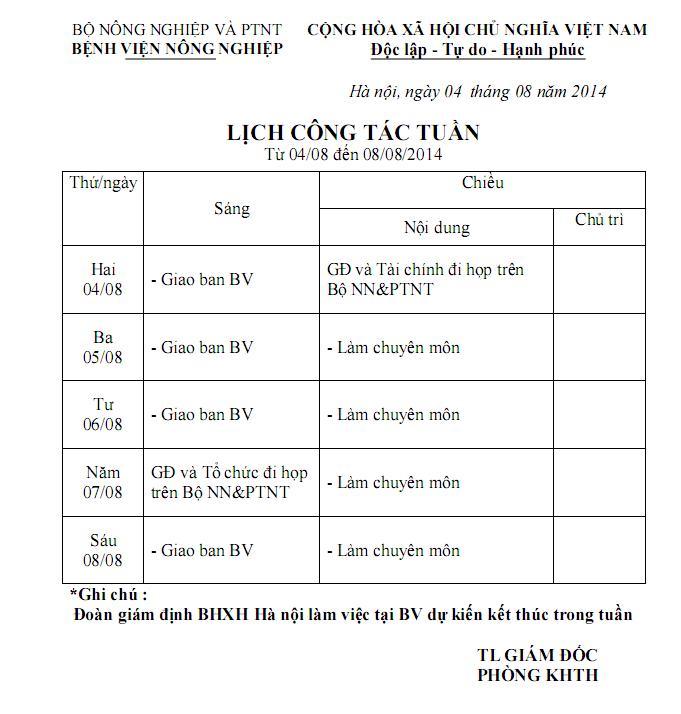 LỊCH CÔNG TÁC TUẦN (Từ 04/08 đến 08/08/2014)