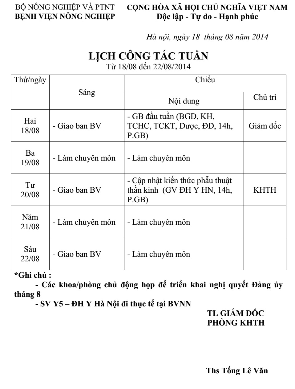 LỊCH CÔNG TÁC TUẦN (Từ 18/08 đến 22/08/2014)