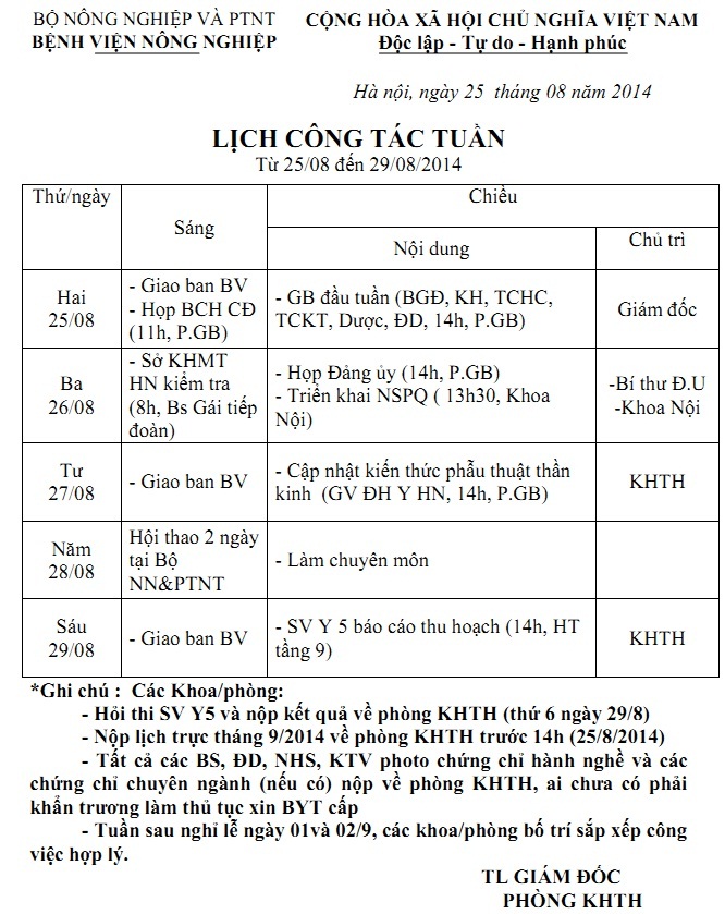 Lịch công tác tuần (Từ 25/08 đến 29/08/2014)