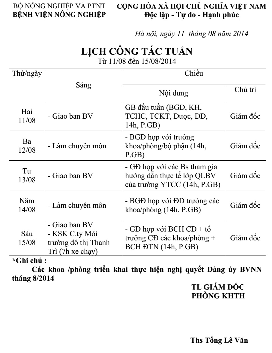 LỊCH CÔNG TÁC TUẦN (Từ 11/08 đến 15/08/2014)