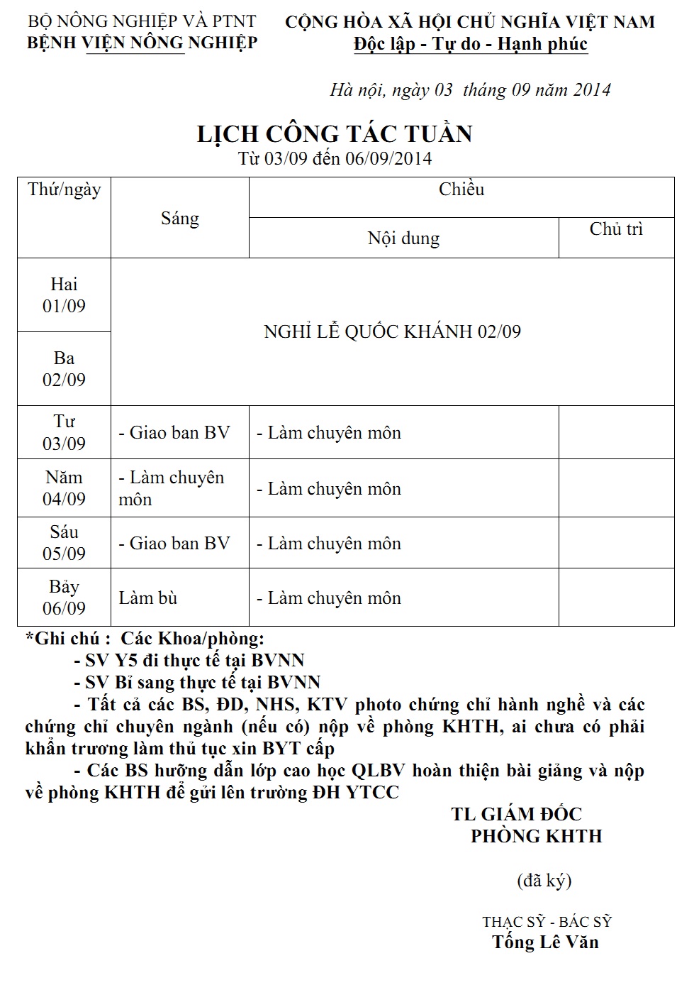 Lịch công tác tuần (Từ 03/09 đến 06/09/2014)