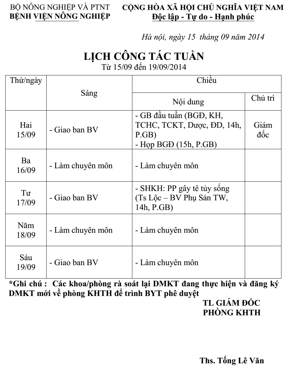 Lịch công tác tuần (Từ 15/09 đến 19/09/2014)