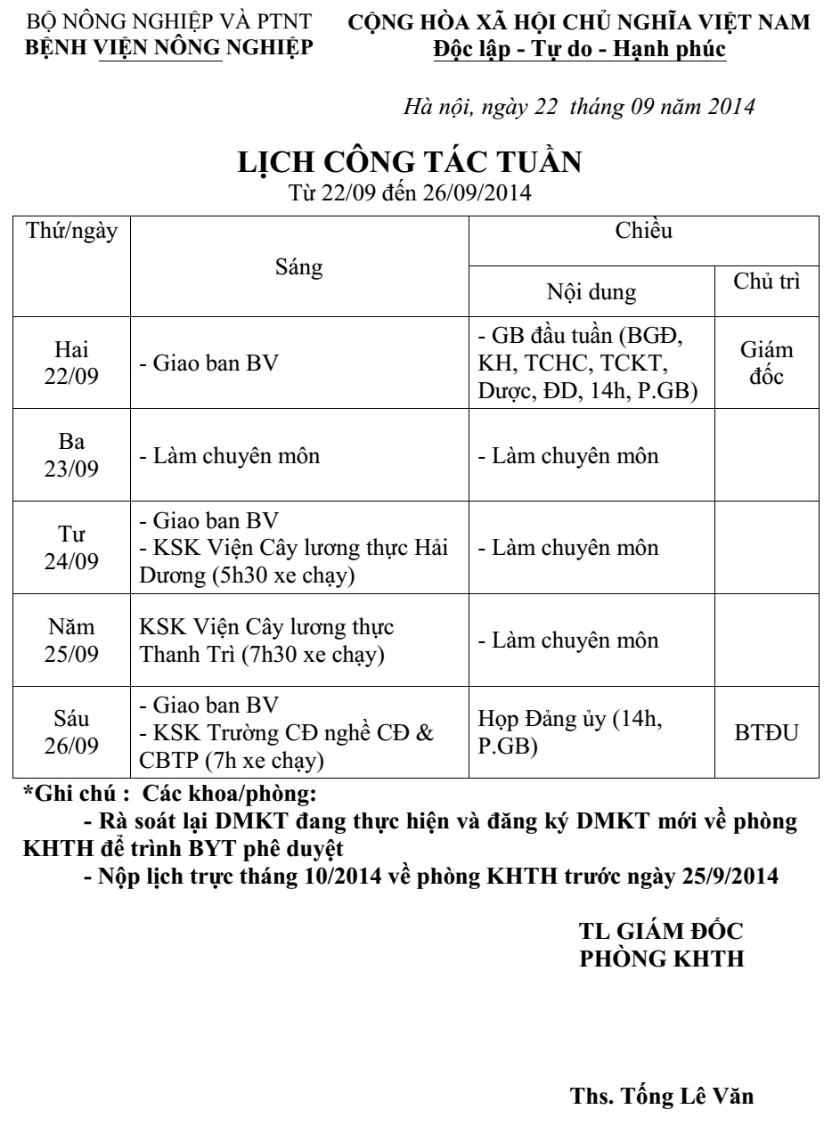 Lịch công tác tuần (Từ 22/09 đến 26/09/2014)