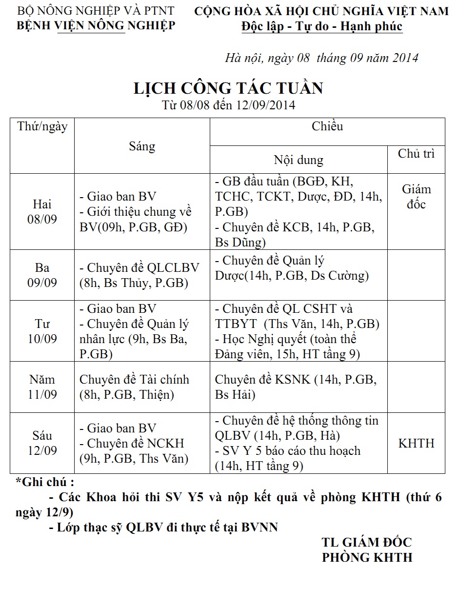 Lịch công tác tuần (Từ 08/09 đến 12/09/2014)