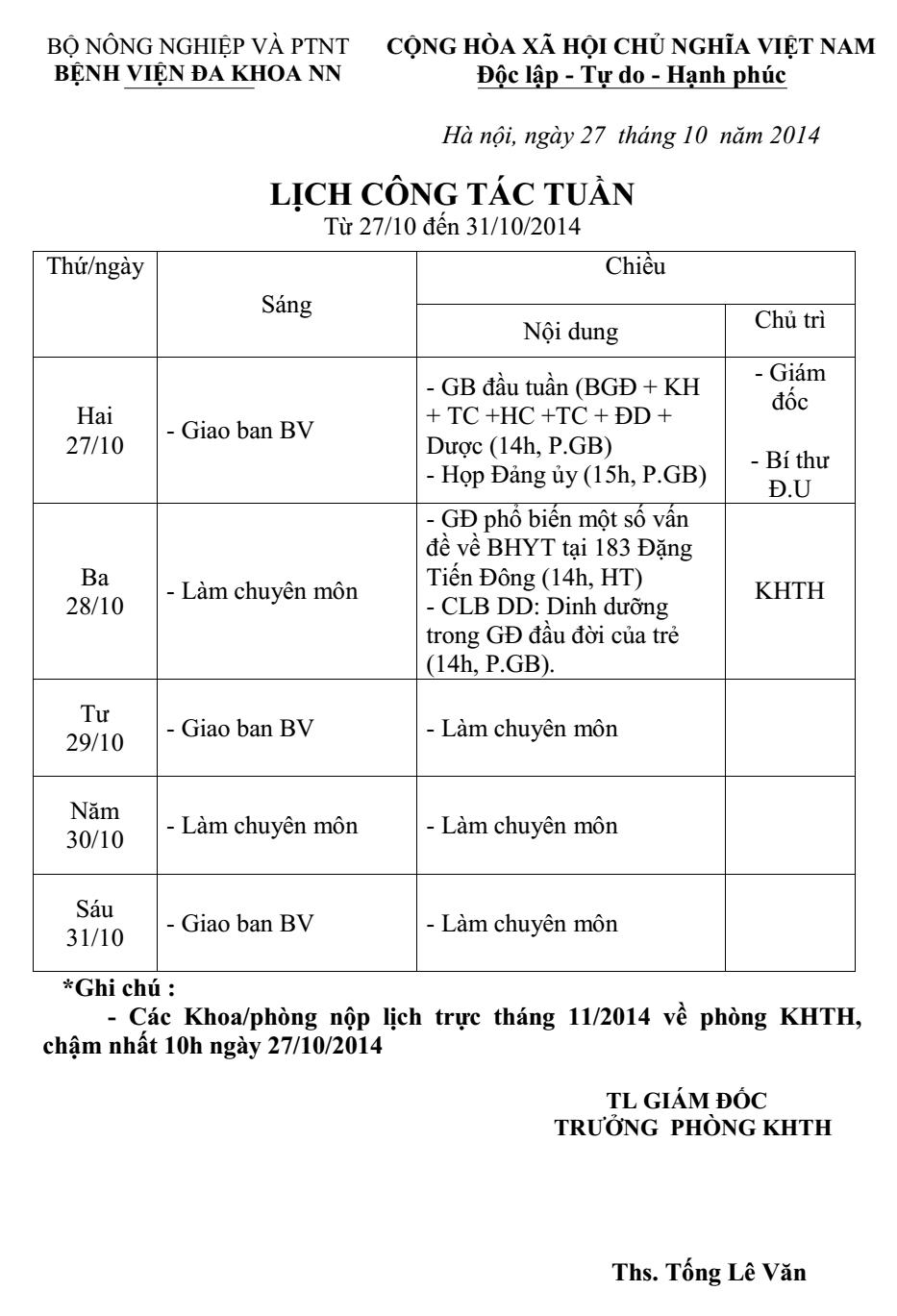 Lịch công tác tuần (từ 27/10 đến 31/10/2014)