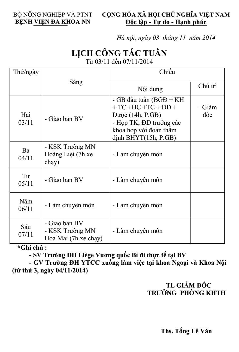 Lịch công tác tuần (từ 03/11 đến 07/11/2014)