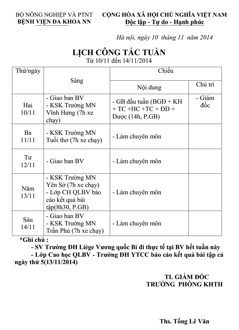 Lịch công tác tuần (từ ngày 10 đến 14 tháng 11 năm 2014)