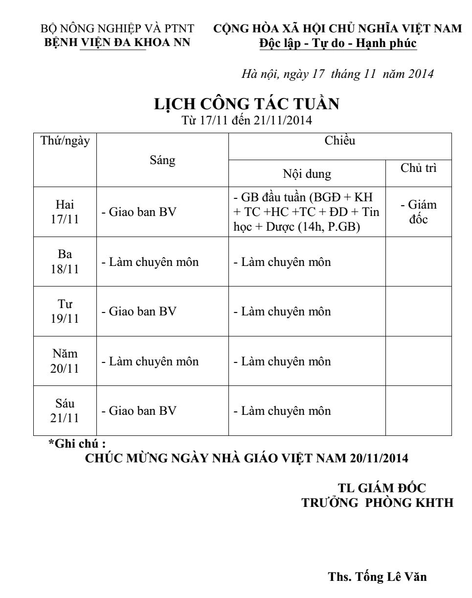 Lịch công tác tuần (từ ngày 17 đến ngày 21 tháng 11 năm 2014)