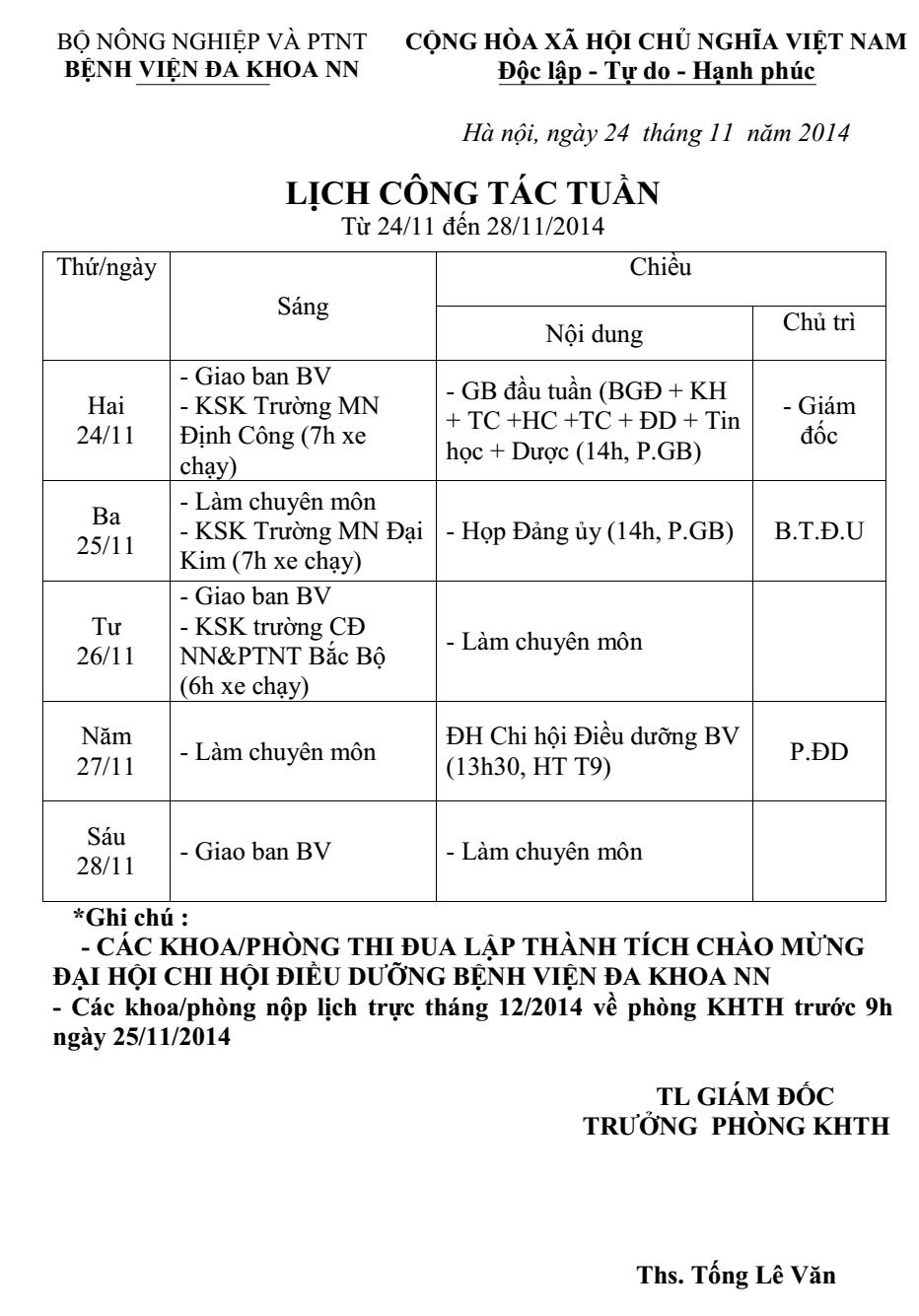 Lịch công tác tuần (từ 24 đến 28/11/2014)