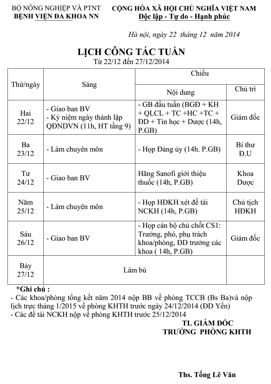 Lịch tuần (từ 22 đến 27/12/2014)