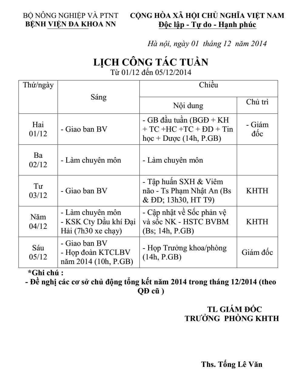 Lịch công tác tuần (từ 01/12/2014 đến 05/12/2014)