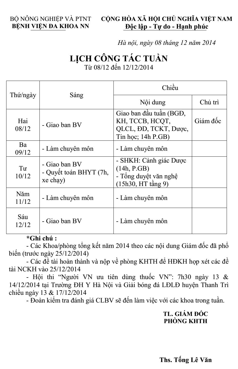 Lịch công tác tuần (từ nagỳ 08 đến 12/12/2014)