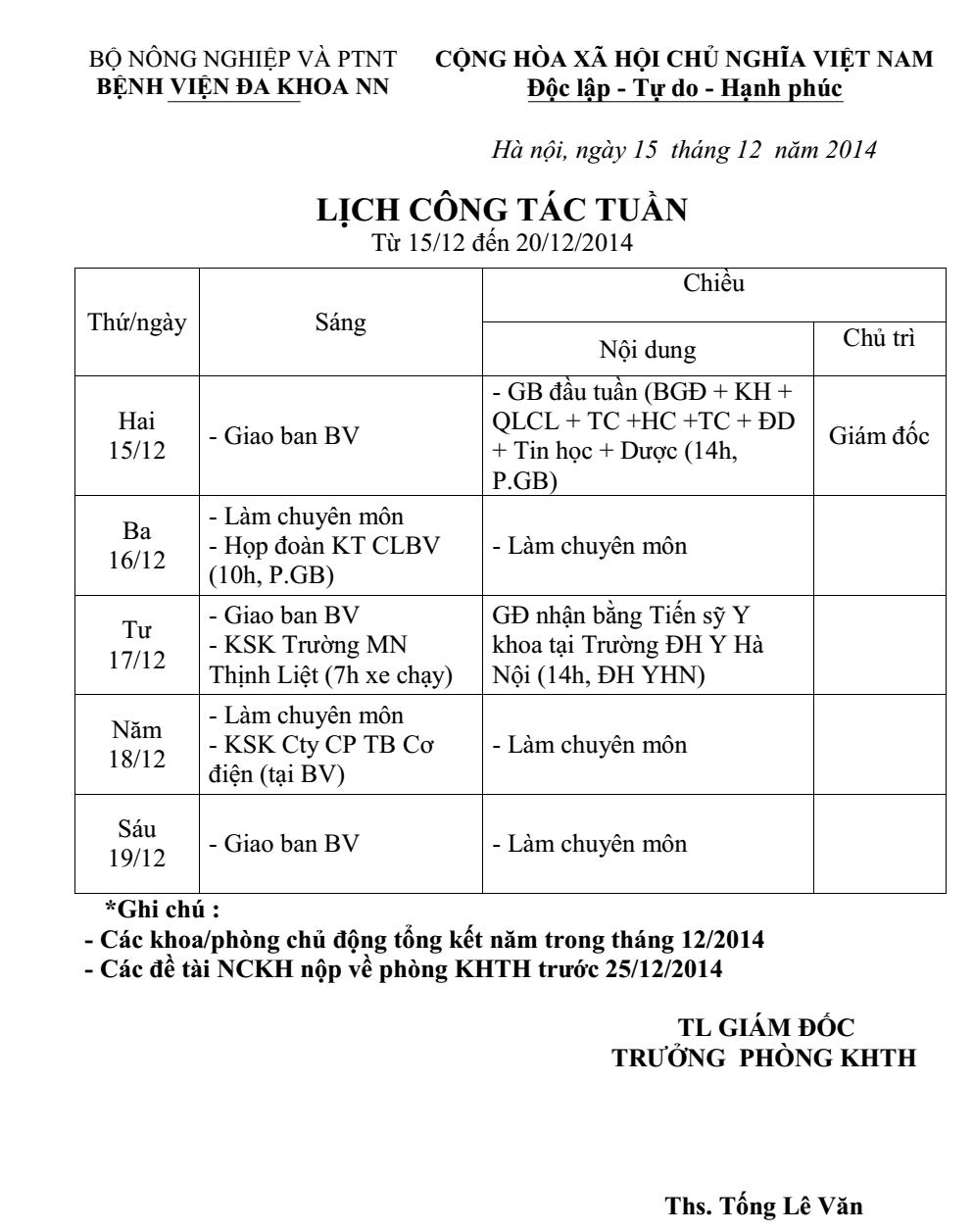 Lịch tuần (từ 15 đến 20/12/2014)