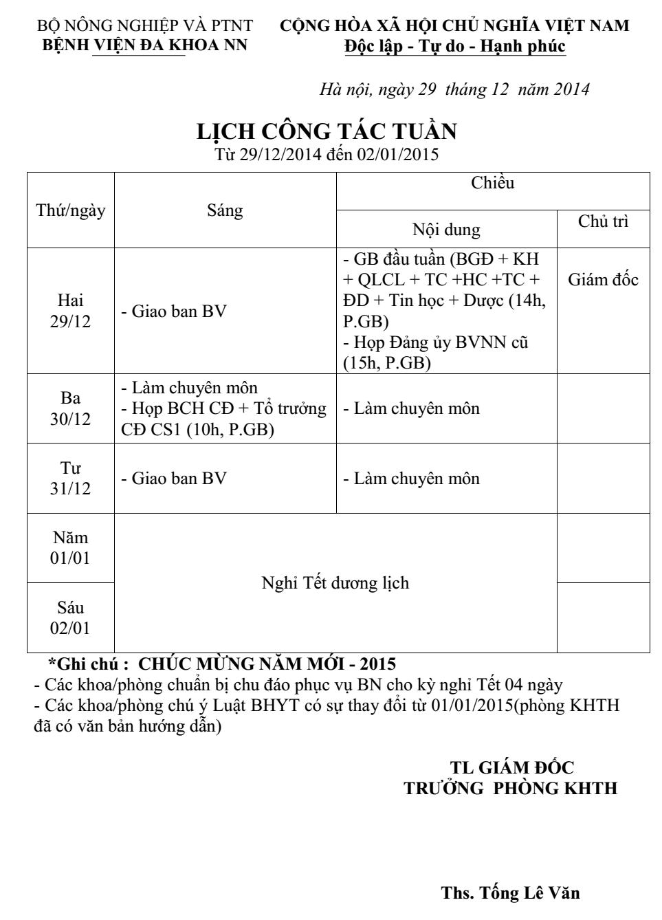 Lịch tuần (từ ngày 29/12/2014 đến ngày 02/01/2015