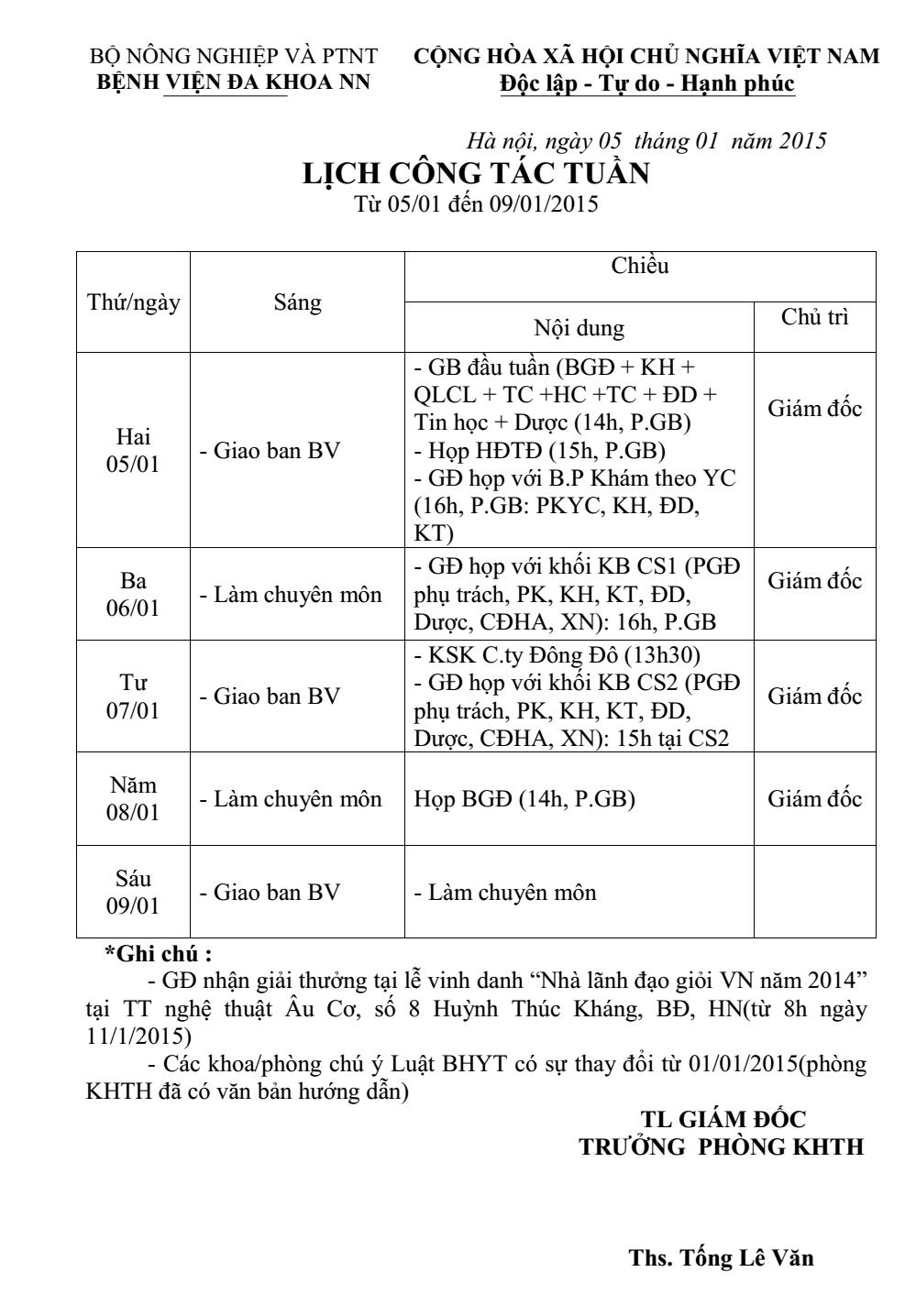 Lịch tuần (từ ngày 05/12/2015 đến ngày 09/12/2015)