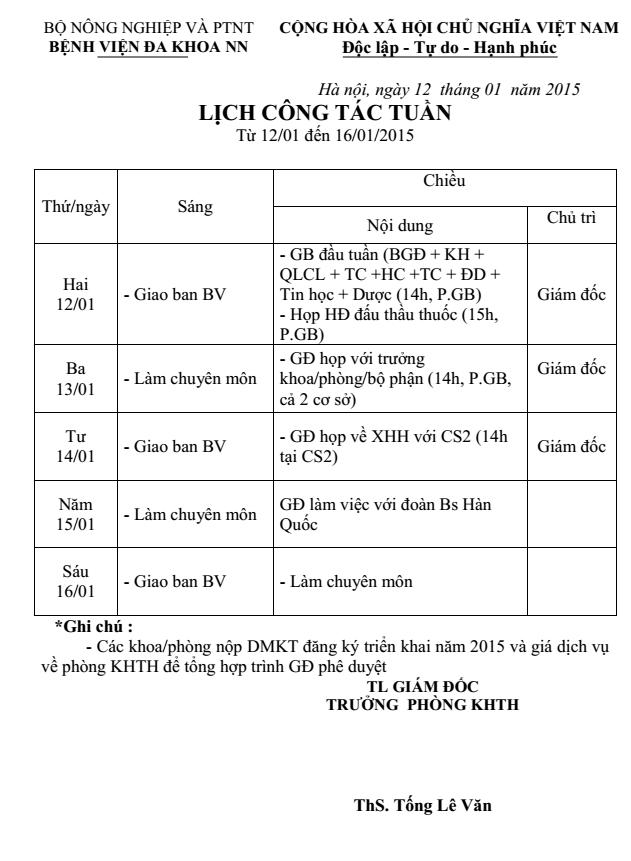 Lịch công tác tuần (từ 12/1 đến 16/1/2015)