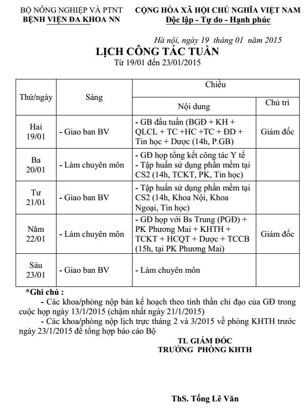 Lịch công tác tuần (từ 19 đến 23/1/2015)