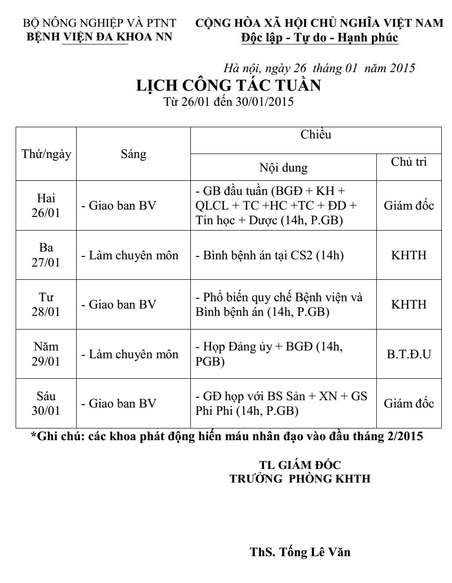 Lịch công tác tuần (từ ngày 26 đến 30/1/2015)