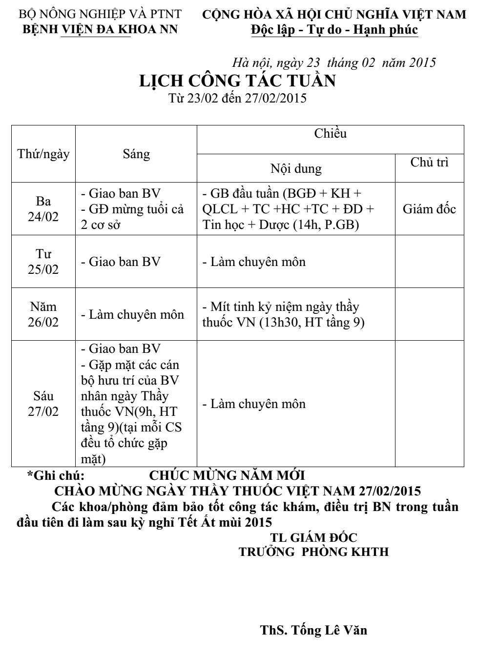 Lịch công tác tuần (từ ngày 23 đến 27/2/2015)