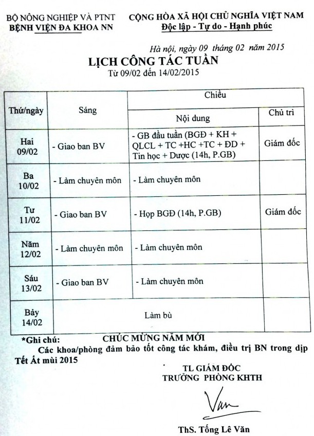 Lịch công tác tuần (từ ngày 09 đến 14/2/2015)