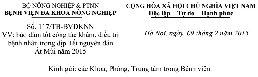 Thông báo về việc bảo đảm tốt công tác khám, điều trị bệnh nhân trong dịp Tết nguyên đán  Ất Mùi năm 2015