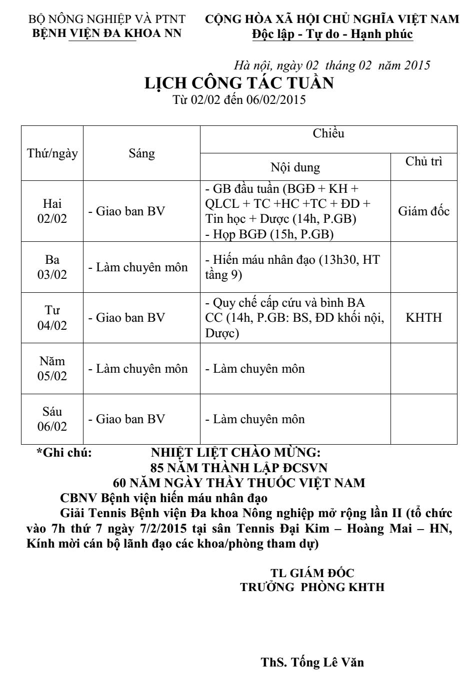 Lịch công tác tuần (từ ngày 02 đến 06/2/2015)