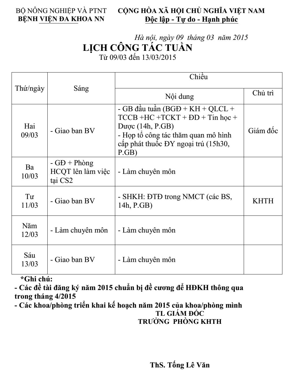 Lịch công tác tuần (từ ngày 09 đến 13/3/2015)