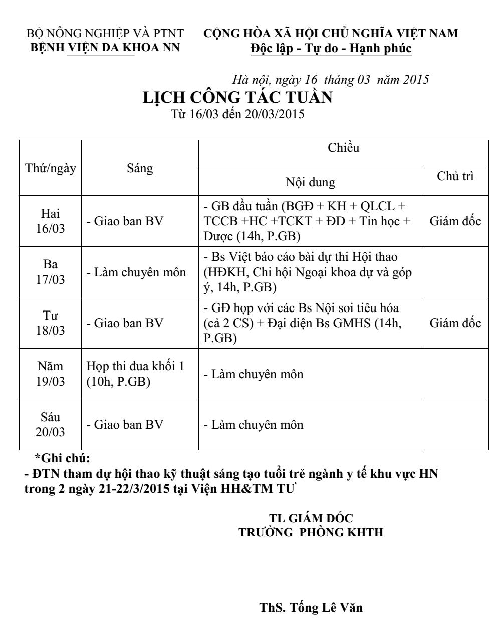 Lịch công tác tuần (từ ngày 13 đến 20/3/2015)