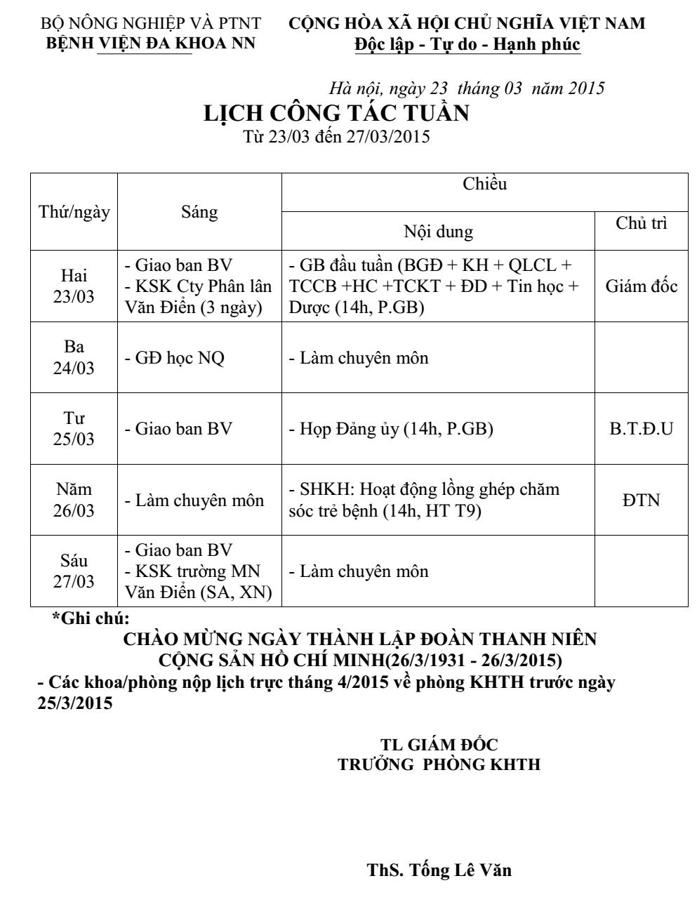 Lịch công tác tuần (từ ngày 23 đến 27/3/2015)