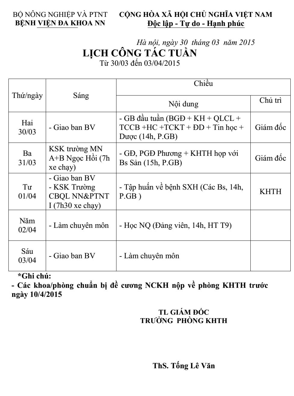 Lịch công tác tuần (từ ngày 30/3/2015 đến 03/4/2015)