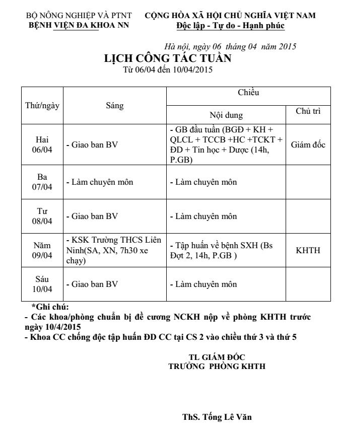 Lịch công tác tuần (từ 06 đến 10/4/2015)