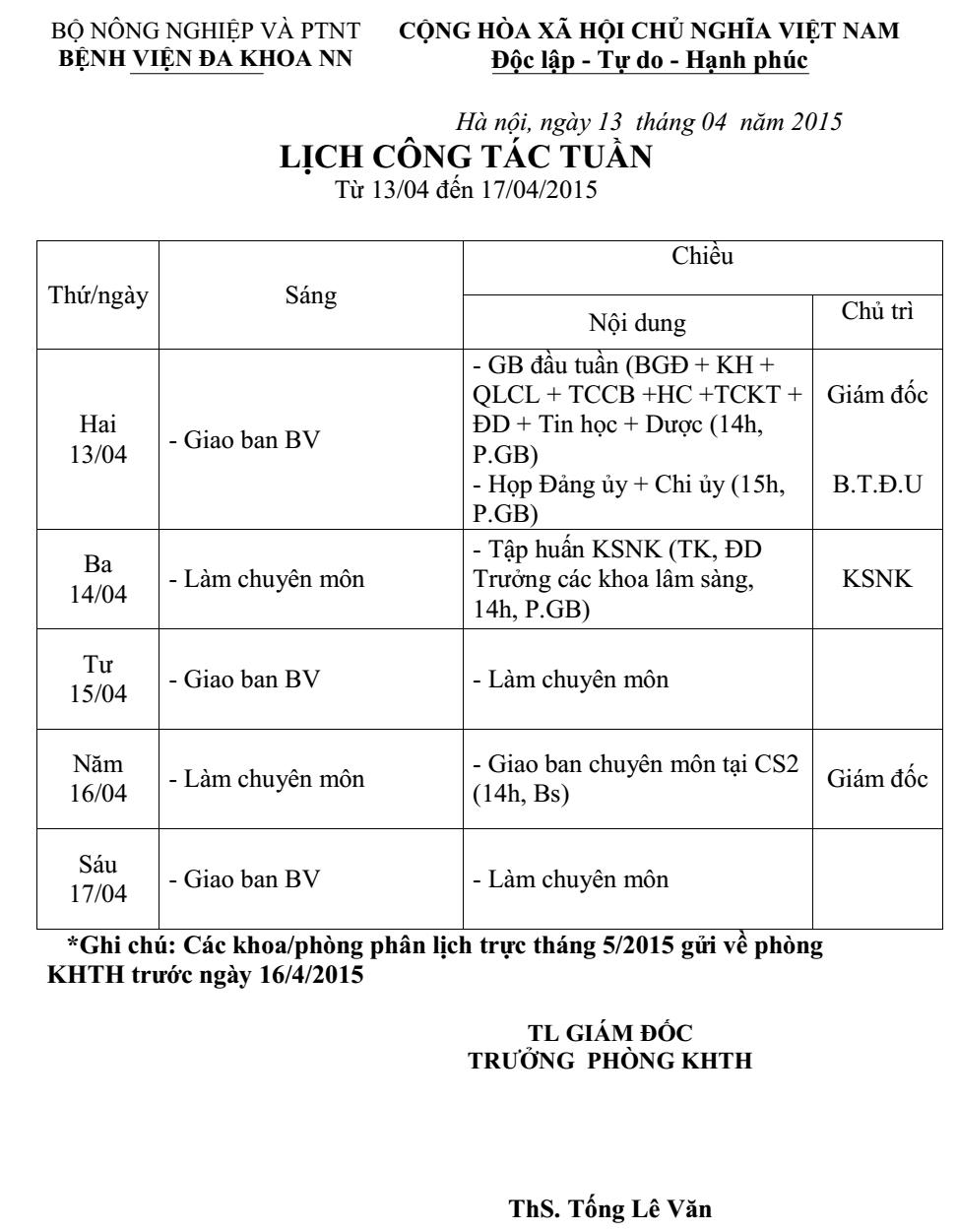 Lịch công tác tuần (Từ 13 đến 17/4/2015)