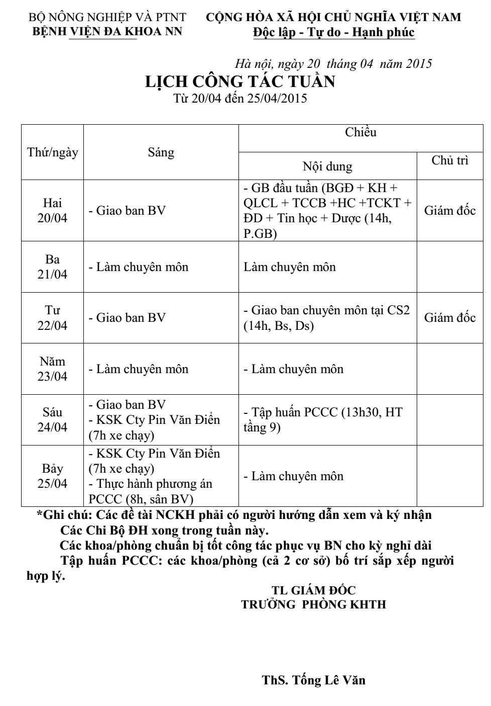 Lịch công tác tuần (từ ngày 20 đến 25/4/2015)