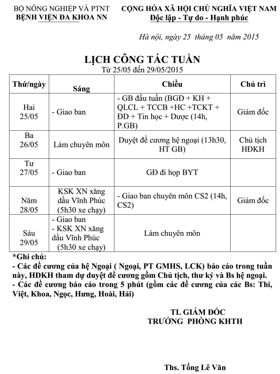 Lịch công tác tuần (từ ngày 25 đền 29/5/2015)