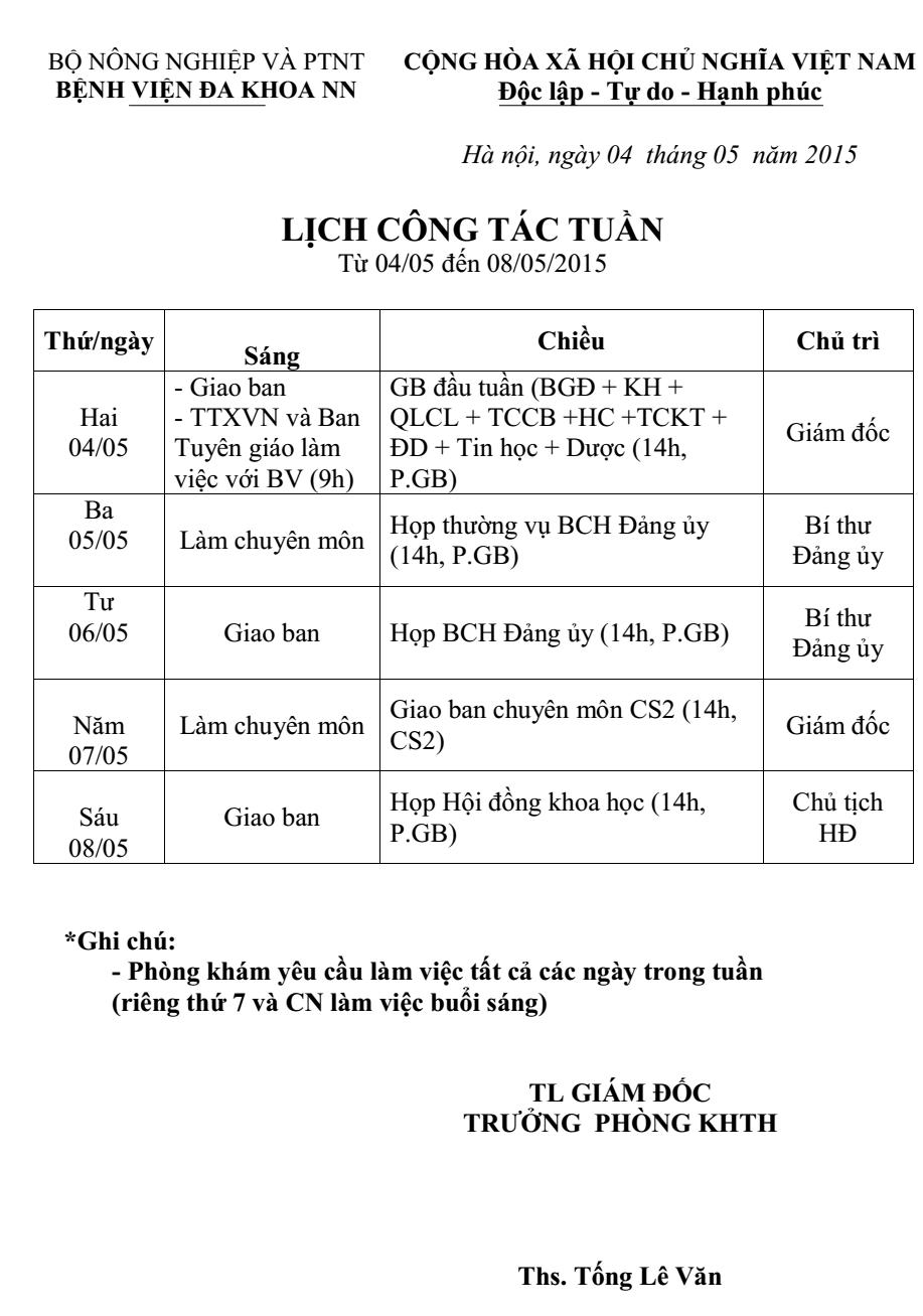 Lịch công tác tuần (từ 04/5/2015 đến 08/5/2015)