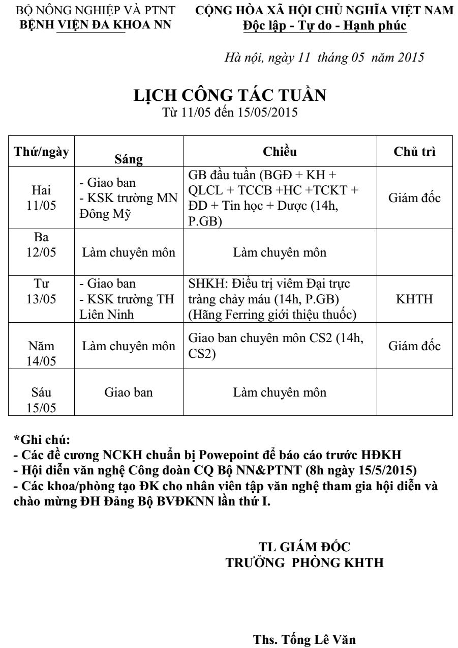 Lịch công tác tuần (từ ngày 11 đến 15/5/2015)