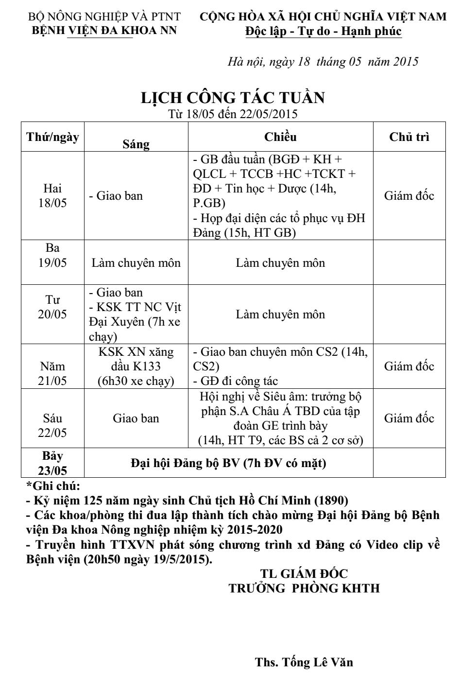 Lịch công tác tuần (từ ngày 18 đến 23/5/2015)