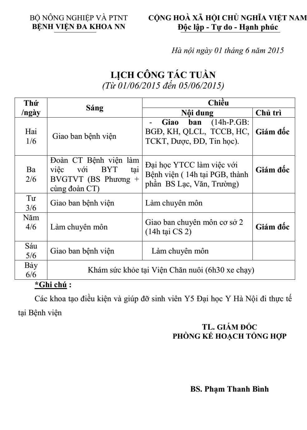 Lịch công tác tuần (từ ngày 01/6/2015 đến 06/6/2015)