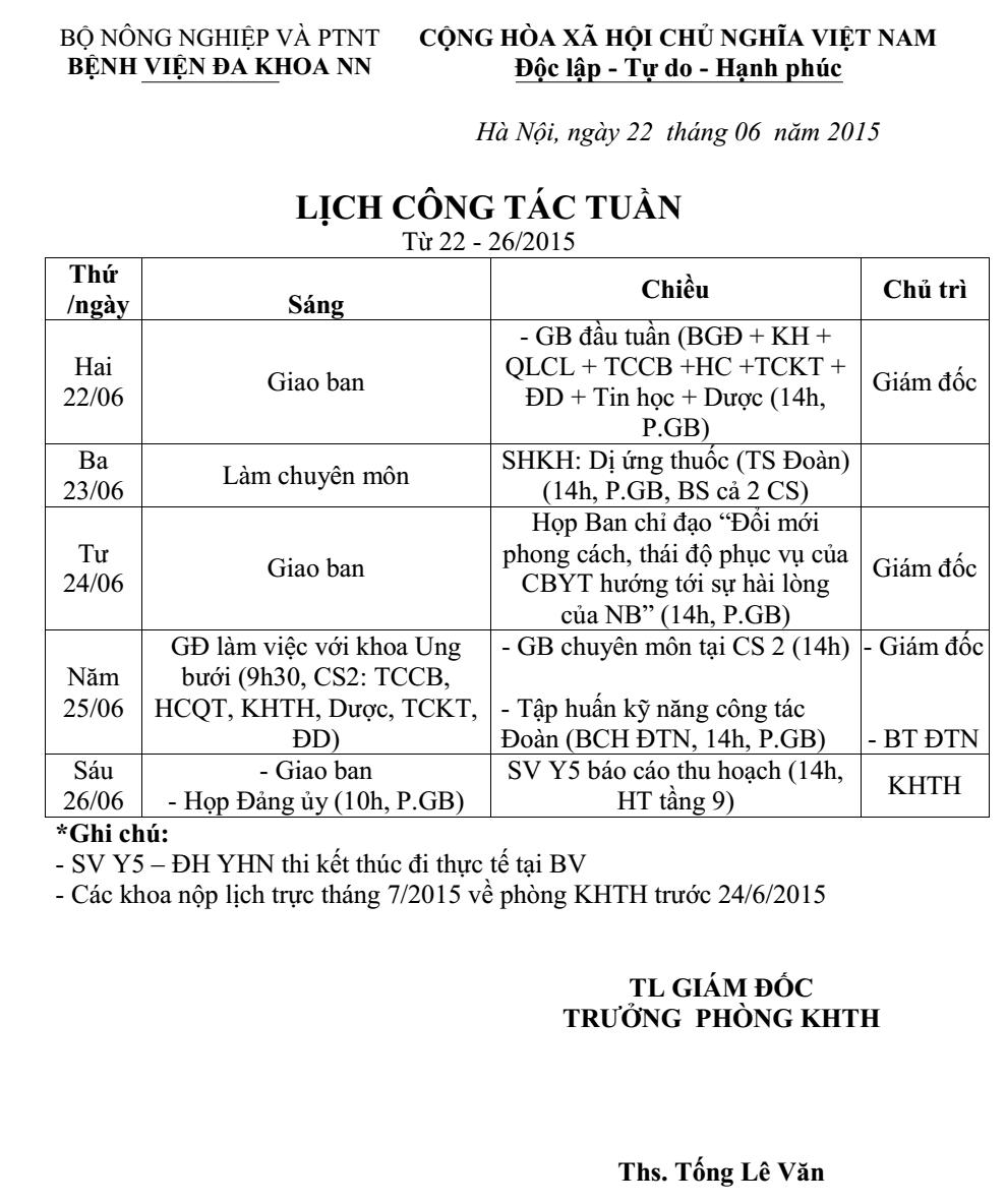 Lịch công tác tuần (từ 22 đến 26/6/2015)