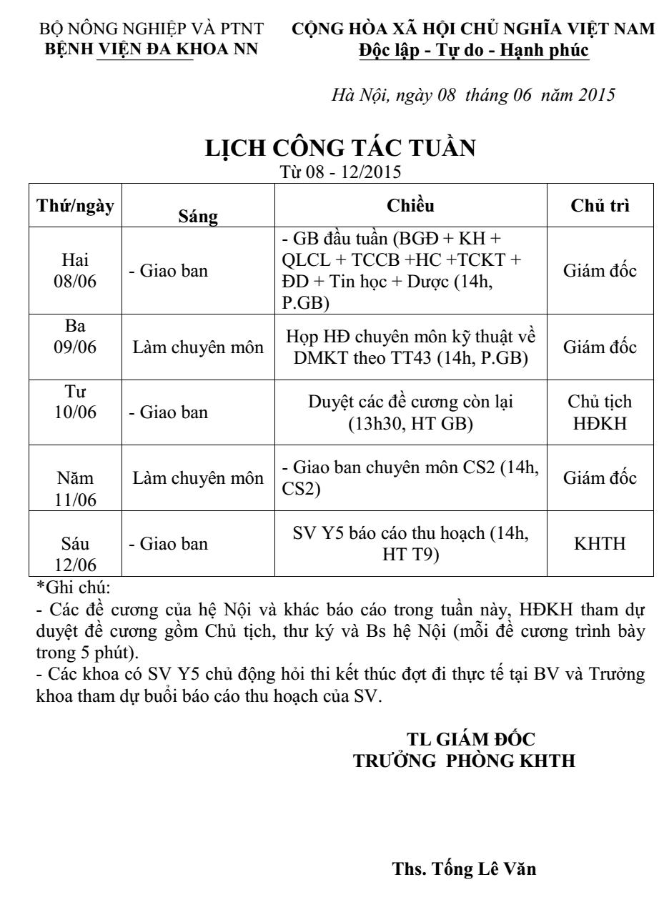 Lịch công tác tuần (từ ngày 08 đến 12/6/2015)