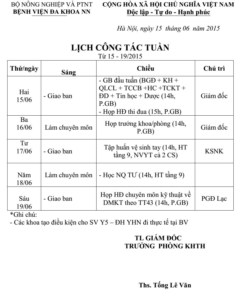 Lịch công tác tuần (từ ngày 15 đến 19/6/2015)