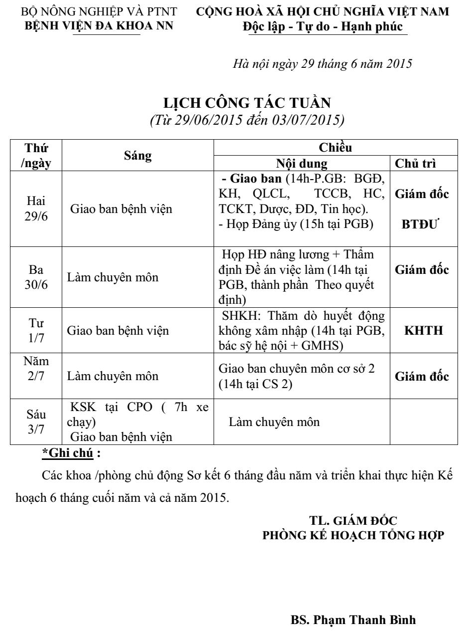 Lịch tuần (từ ngày 29/6/2015 đến 03/7/2015)