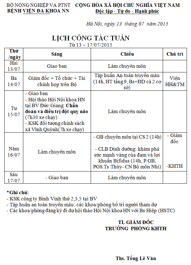 Lịch công tác tuần (từ ngày 13 đến 17/7/2015)