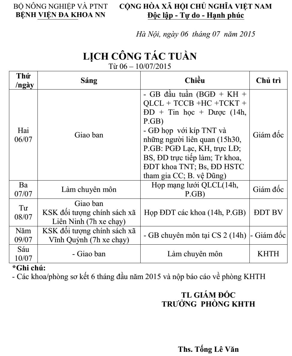 Lịch công tác tuần (từ ngày 06 đến 10/7/2015)