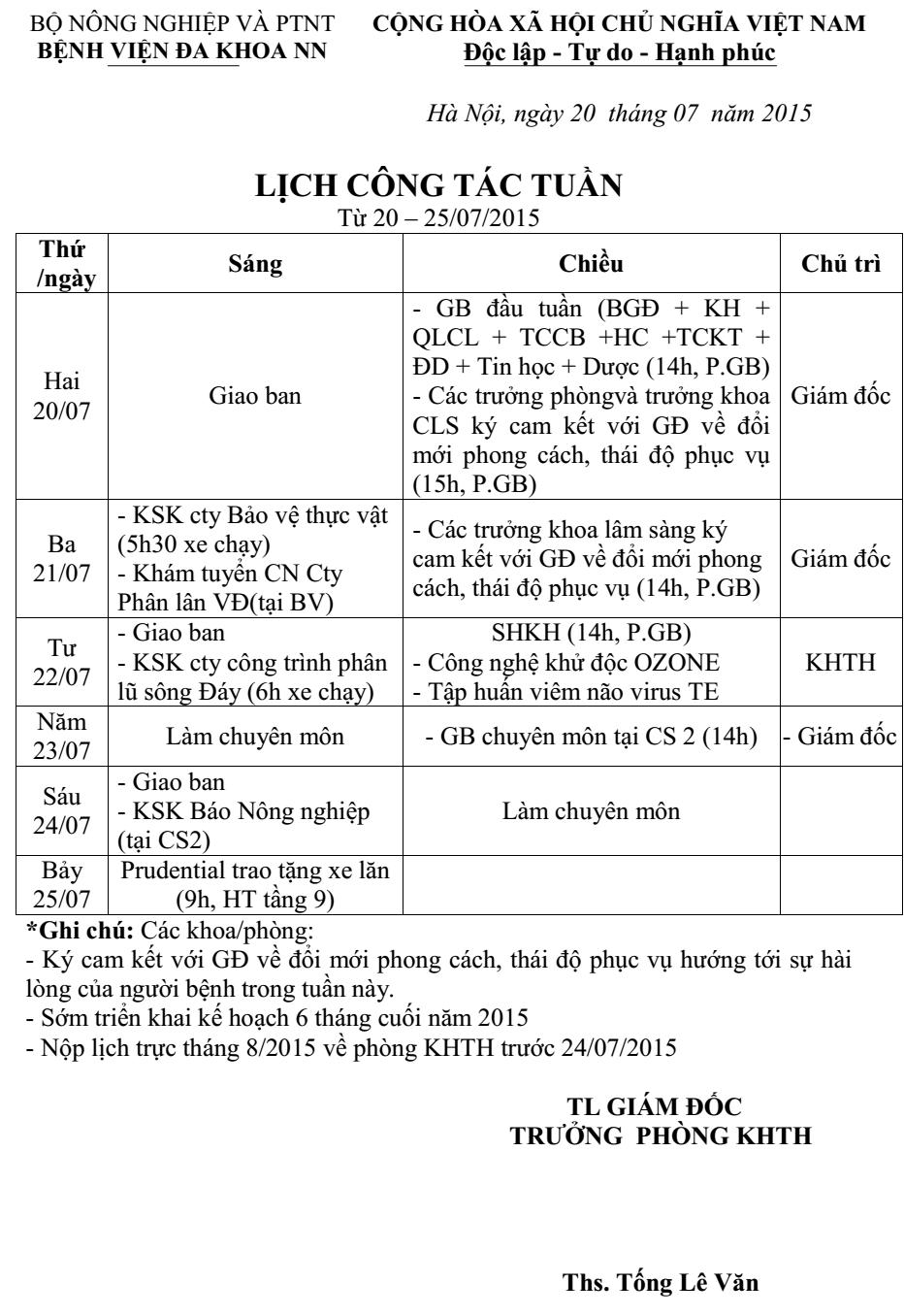 Lịch công tác tuần (từ 20 đến 25/7/2015)