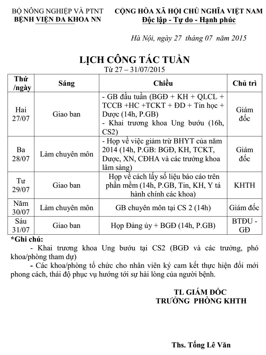 Lịch công tác tuần (từ ngày 27 đến 31/7/2015)